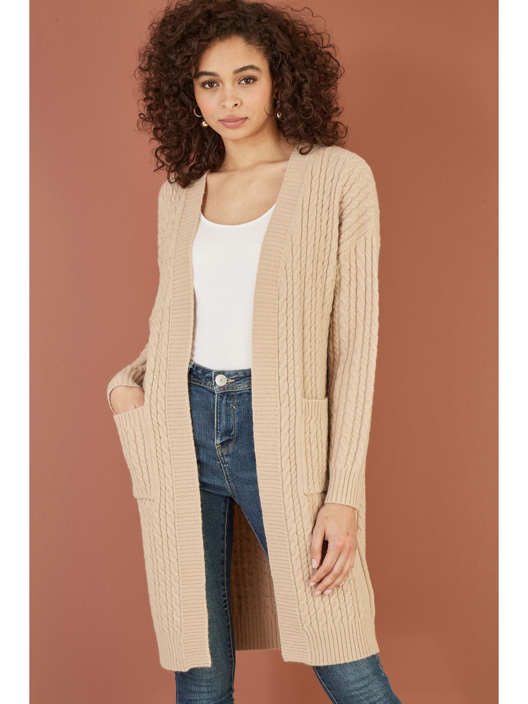 Buy Yumi Natural Cable Knit Edge to Edge Long Cardigan With