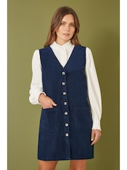 Yumi Blue Corduroy Button Through Pinafore Dress With Pockets - Image 1 of 4