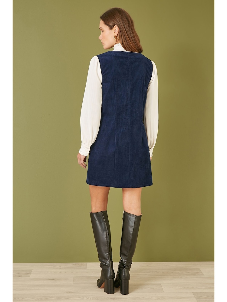 Yumi Blue Corduroy Button Through Pinafore Dress With Pockets - Image 2 of 4