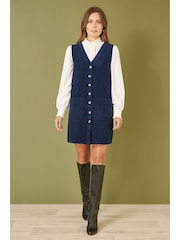 Yumi Blue Corduroy Button Through Pinafore Dress With Pockets - Image 3 of 4