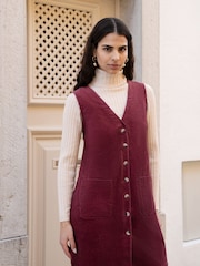 Yumi Red Corduroy Button Through Pinafore Dress With Pockets - Image 2 of 4