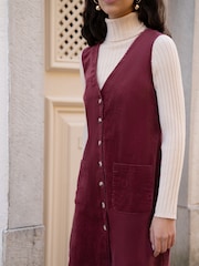 Yumi Red Corduroy Button Through Pinafore Dress With Pockets - Image 3 of 4