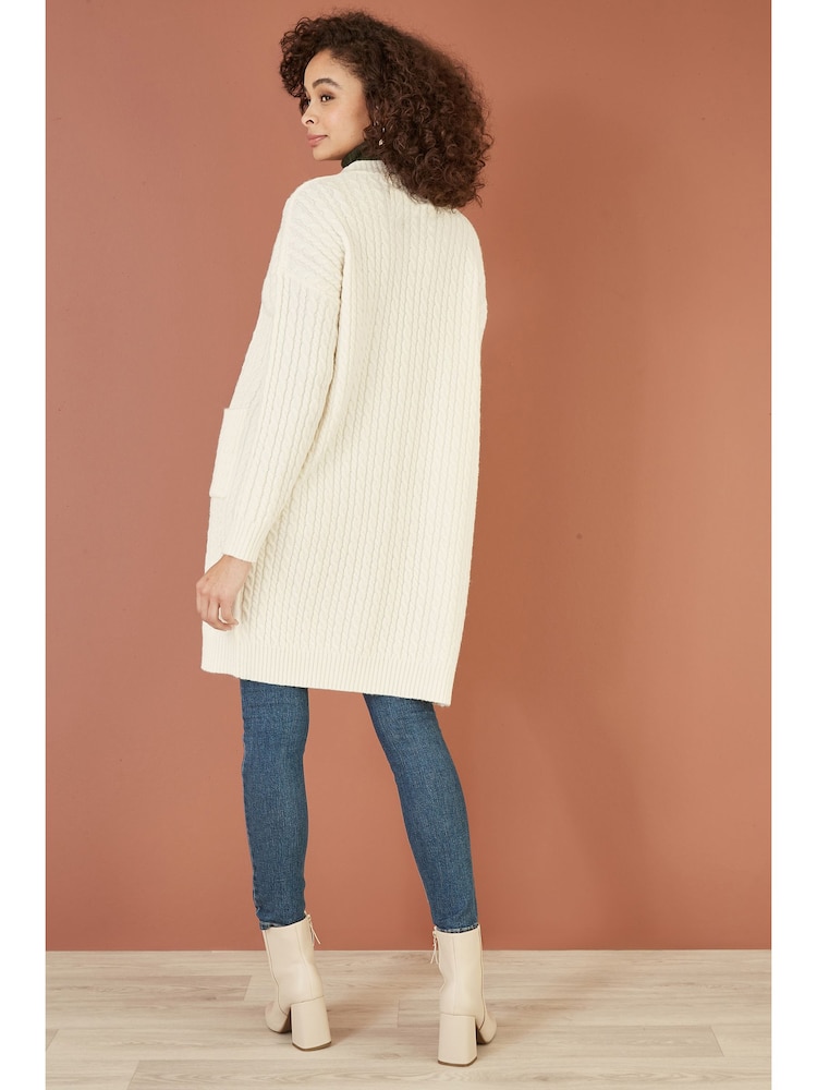 Yumi Cream Cable Knit Edge to Edge Long Cardigan With Pockets - Image 3 of 5