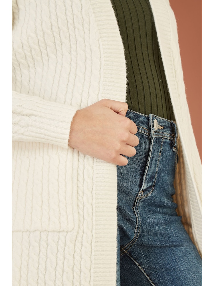 Yumi Cream Cable Knit Edge to Edge Long Cardigan With Pockets - Image 4 of 5