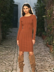 Yumi Brown Shimmer Fitted Midi Dress With Button - Image 1 of 5