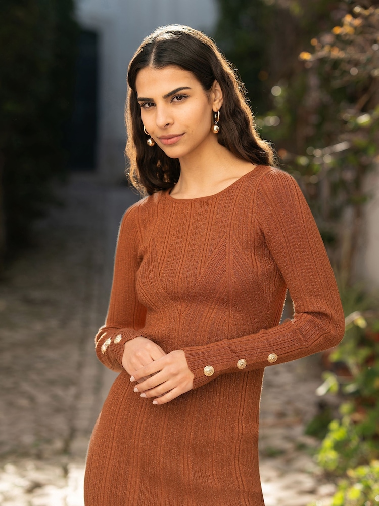 Yumi Brown Shimmer Fitted Midi Dress With Button - Image 2 of 5