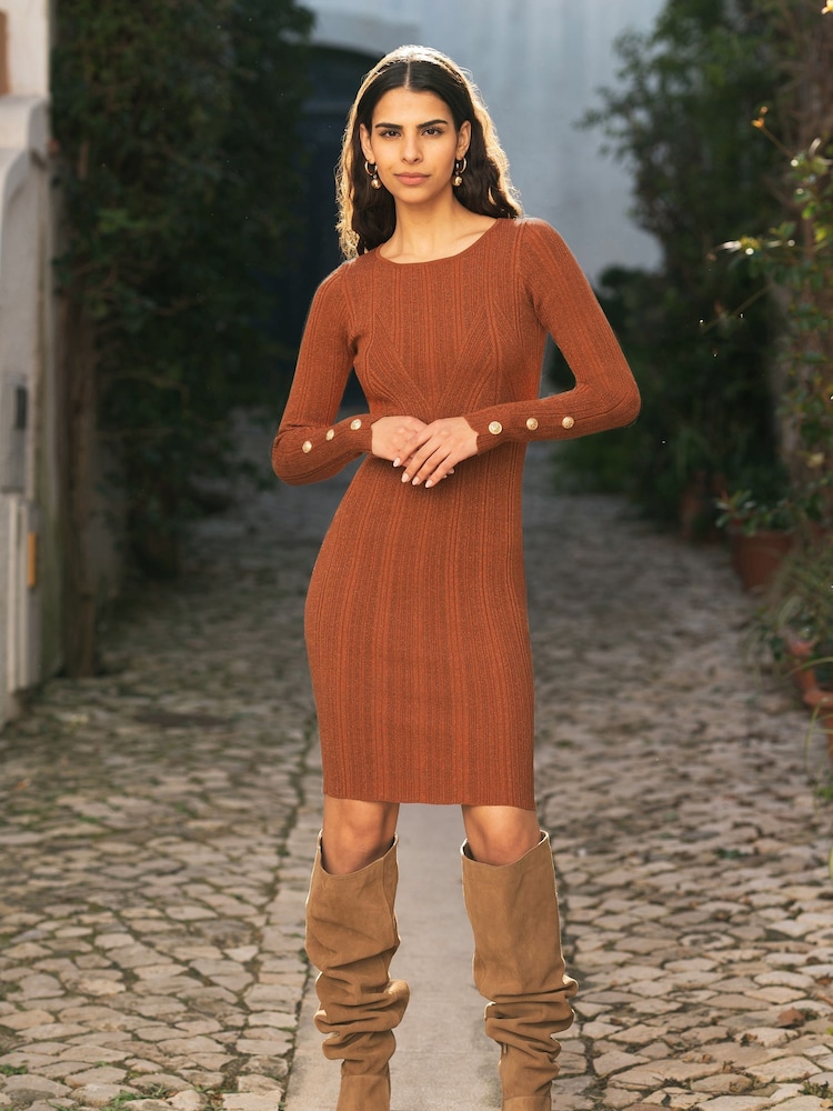 Yumi Brown Shimmer Fitted Midi Dress With Button - Image 3 of 5