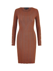 Yumi Brown Shimmer Fitted Midi Dress With Button - Image 5 of 5