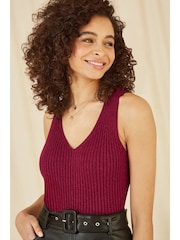 Yumi Red Metallic Rib Knitted Vest Top - Image 4 of 5
