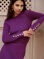 Yumi Purple Rib Knitted Midi Column Skirt - Image 1 of 5