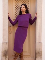 Yumi Purple Rib Knitted Midi Column Skirt - Image 4 of 5