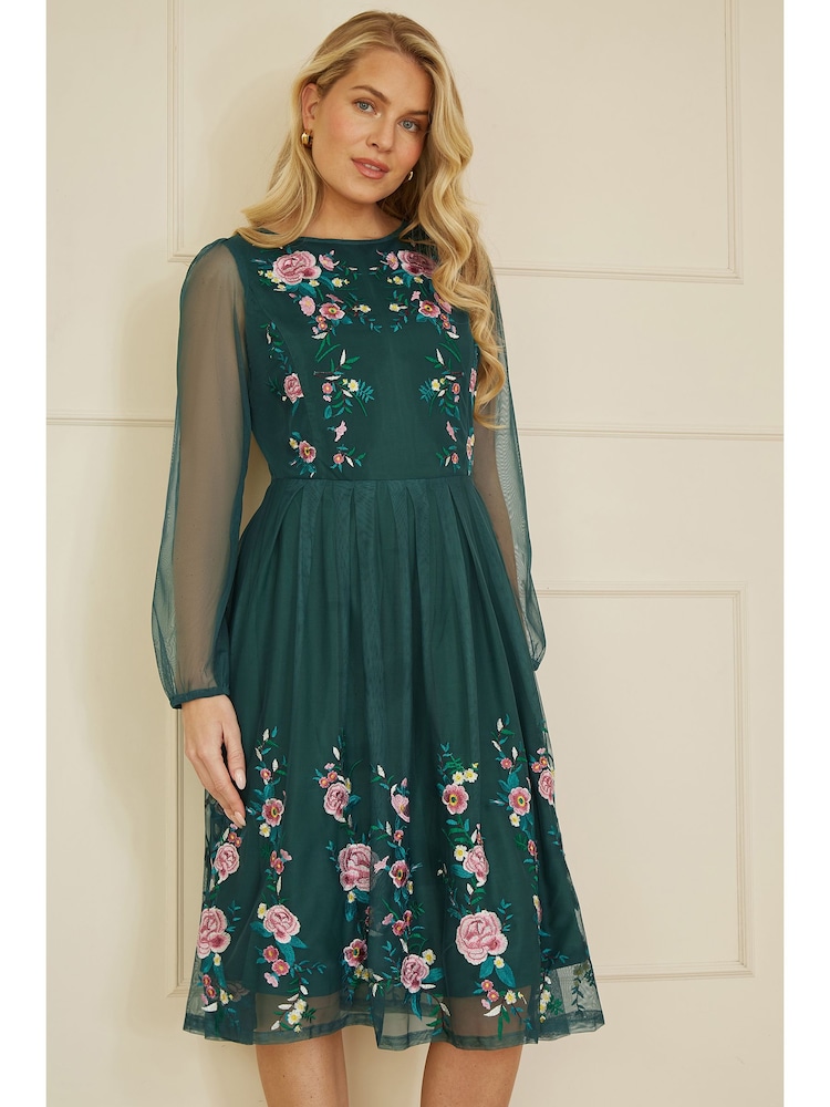 Yumi Green Embroidered Long Mesh Sleeve Prom Skater Dress - Image 1 of 5
