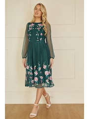 Yumi Green Embroidered Long Mesh Sleeve Prom Skater Dress - Image 2 of 5