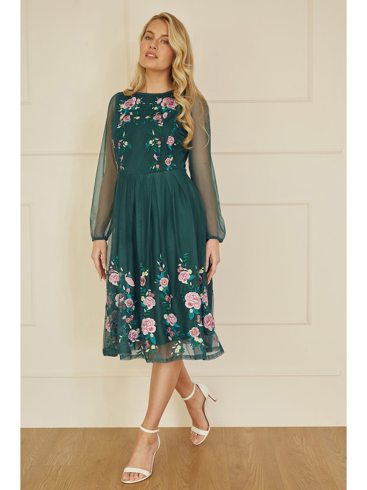 Yumi Green Embroidered Long Mesh Sleeve Prom Skater Dress - Image 2 of 5