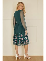 Yumi Green Embroidered Long Mesh Sleeve Prom Skater Dress - Image 3 of 5