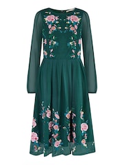 Yumi Green Embroidered Long Mesh Sleeve Prom Skater Dress - Image 5 of 5
