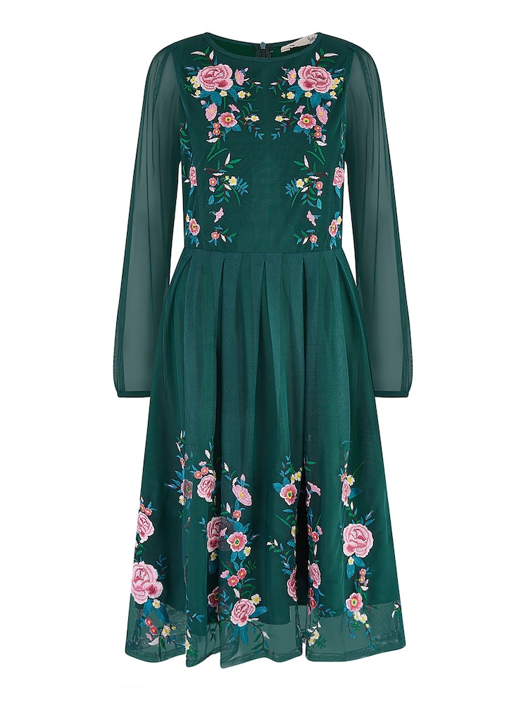 Yumi Green Embroidered Long Mesh Sleeve Prom Skater Dress - Image 5 of 5