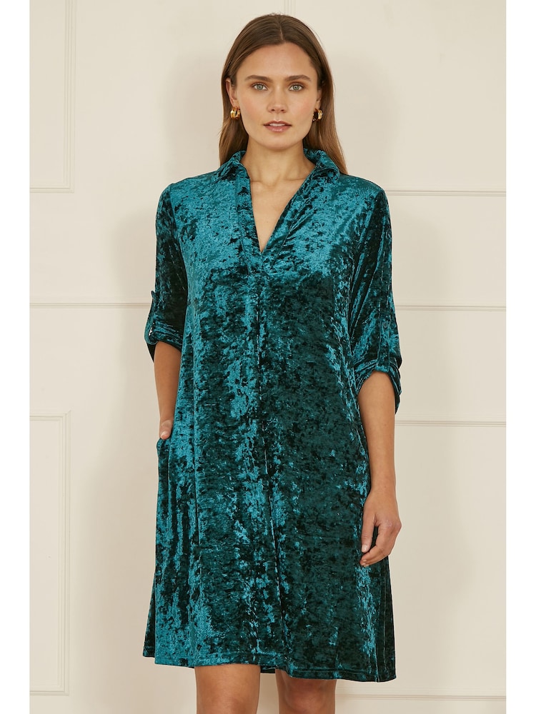 Yumi Green Velvet Tunic Dress With 3/4 Sleeves - Image 1 of 4