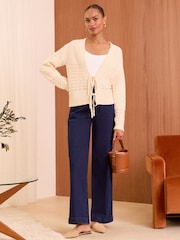 Love & Roses Ivory White Tie Front Knitted 100% Cotton Cardigan - Image 3 of 4