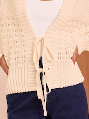 Love & Roses Ivory White Tie Front Knitted 100% Cotton Cardigan - Image 4 of 4