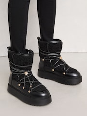 Lipsy Black Chunky Faux Leather Snow Boots With Faux Fur Lining - Image 2 of 4