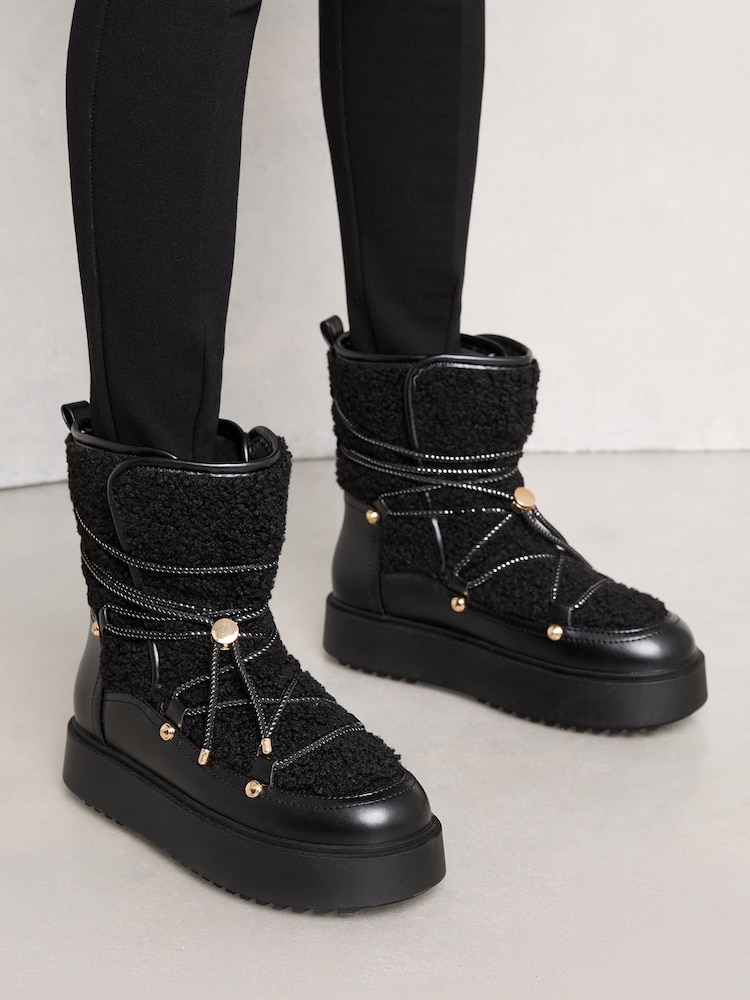 Lipsy Black Chunky Faux Leather Snow Boots With Faux Fur Lining - Image 2 of 4