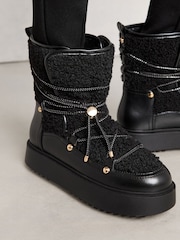 Lipsy Black Chunky Faux Leather Snow Boots With Faux Fur Lining - Image 3 of 4