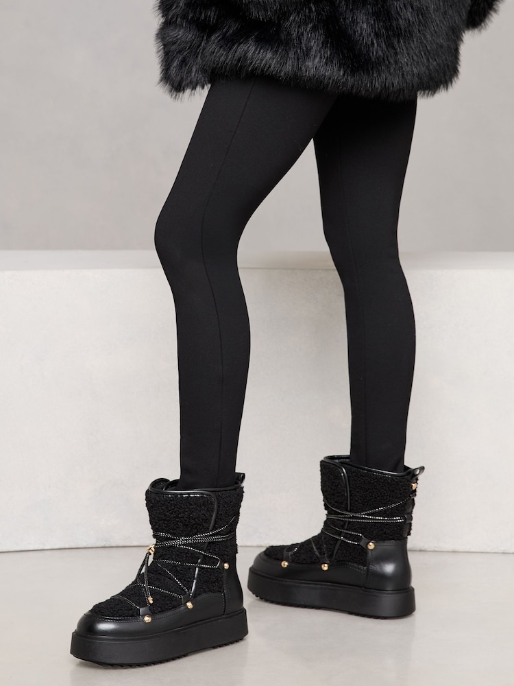 Lipsy Black Chunky Faux Leather Snow Boots With Faux Fur Lining - Image 4 of 4