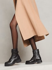 Lipsy Black Chunky Biker Studded Lace Up Flat Faux Leather Ankle Boots - Image 2 of 3