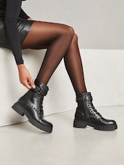 Lipsy Black Chunky Biker Studded Lace Up Flat Faux Leather Ankle Boots - Image 3 of 3