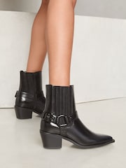Lipsy Black Mid Heel Moto Biker Western Faux Leather Ankle Boots - Image 1 of 1