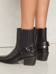 Lipsy Black Mid Heel Moto Biker Western Faux Leather Ankle Boots - Image 2 of 4
