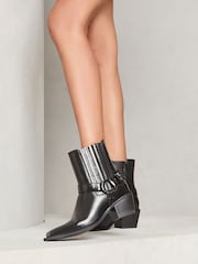 Lipsy Black Mid Heel Moto Biker Western Faux Leather Ankle Boots - Image 3 of 4