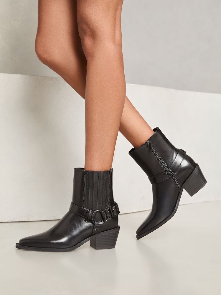 Lipsy Black Mid Heel Moto Biker Western Faux Leather Ankle Boots - Image 4 of 4