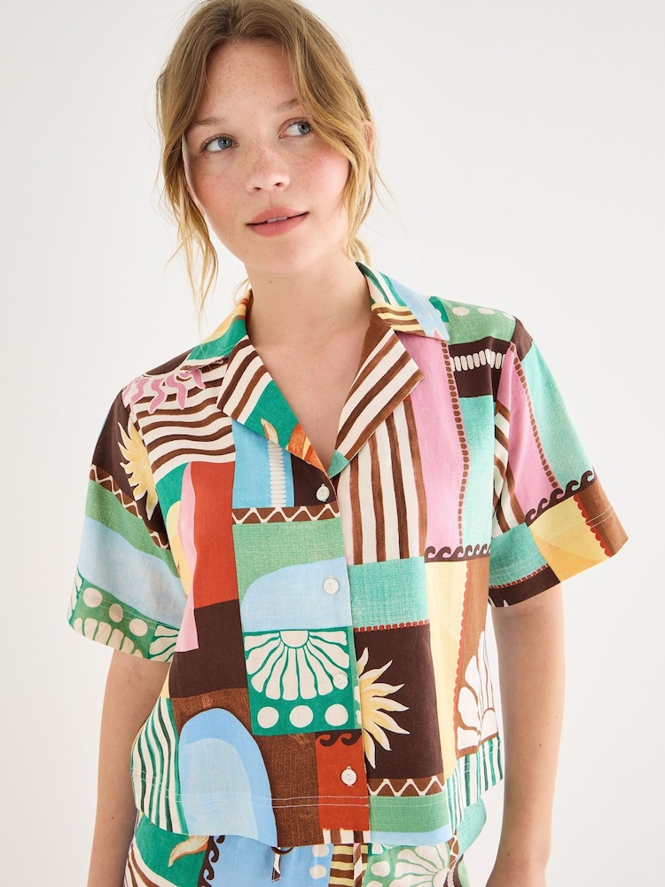 Oliver Bonas Green Print Short Sleeve Shirt - Image 1 of 7 Oliver Bonas Green Print Short Sleeve Shirt - Image 1 of 7