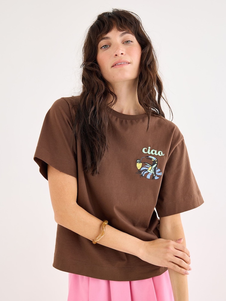 Oliver Bonas Brown Ciao Toucan Graphic T-Shirt - Image 1 of 7