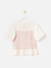 Oliver Bonas Cream Shirred Bodice Puff Sleeve Top - Image 4 of 7
