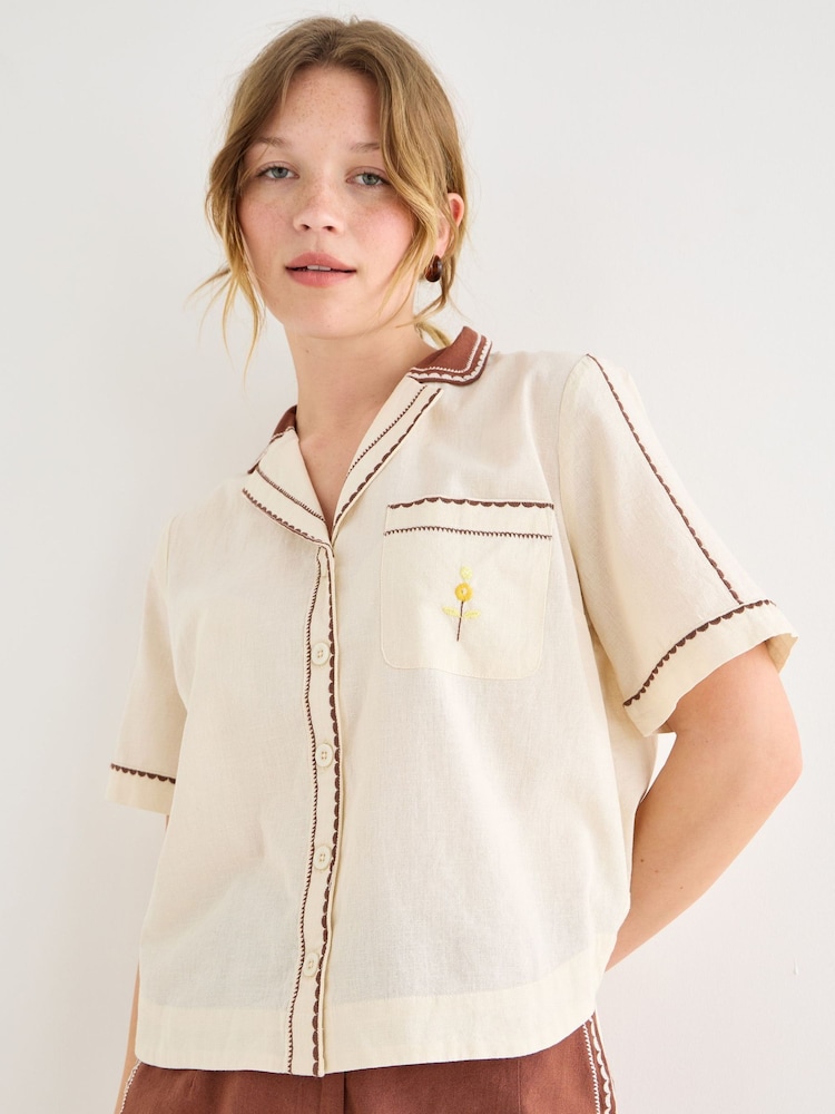 Oliver Bonas Cream Embroidered Short Sleeve Shirt - Image 1 of 7