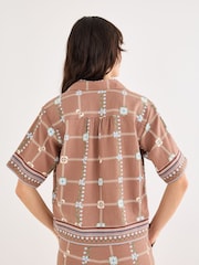 Oliver Bonas Brown Floral Print Short Sleeve Shirt - Image 1 of 7