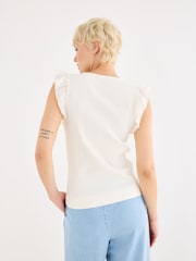 Oliver Bonas Cream Ribbed V-Neck Frill Sleeve Top - Image 2 of 7