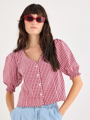 Oliver Bonas Pink Striped Seersucker Puff Sleeve Blouse - Image 1 of 7