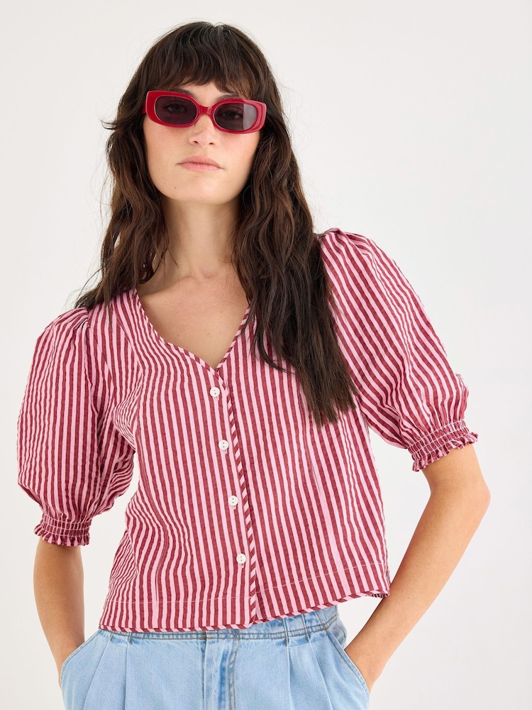 Oliver Bonas Pink Striped Seersucker Puff Sleeve Blouse - Image 1 of 7