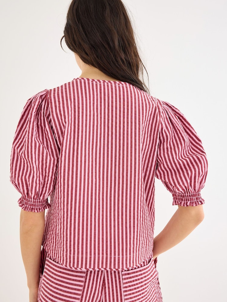 Oliver Bonas Pink Striped Seersucker Puff Sleeve Blouse - Image 2 of 7