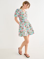 Oliver Bonas Pink Floral V-Neck Puff Sleeve Mini Dress - Image 1 of 7