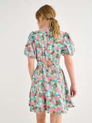 Oliver Bonas Pink Floral V-Neck Puff Sleeve Mini Dress - Image 2 of 7