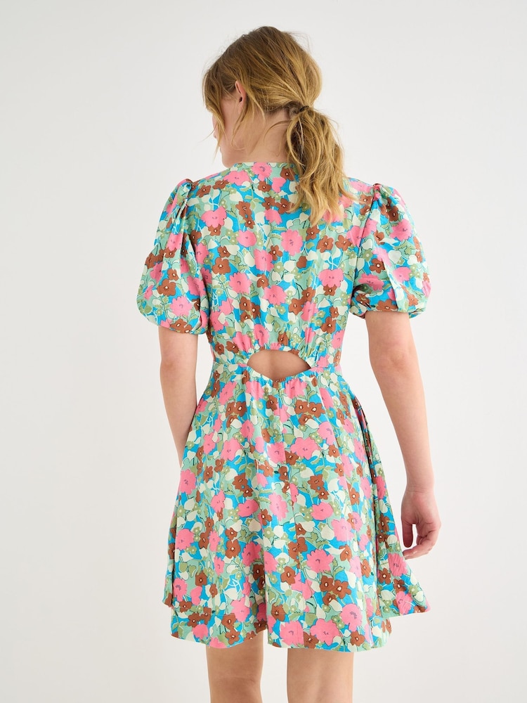Oliver Bonas Pink Floral V-Neck Puff Sleeve Mini Dress - Image 2 of 7 Oliver Bonas Pink Floral V-Neck Puff Sleeve Mini Dress - Image 2 of 7