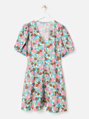 Oliver Bonas Pink Floral V-Neck Puff Sleeve Mini Dress - Image 3 of 7
