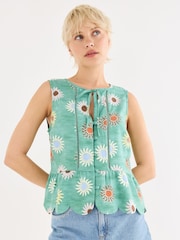 Oliver Bonas Green Sun Print Sleeveless Peplum Top - Image 1 of 7