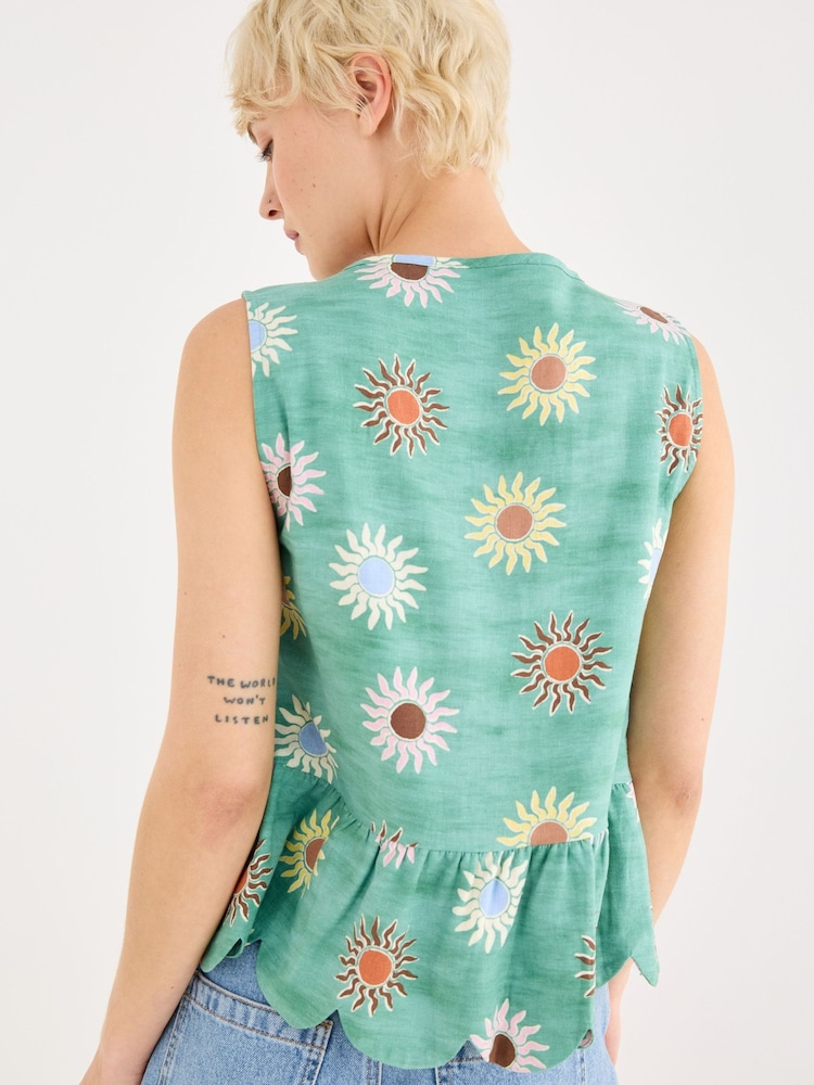 Oliver Bonas Green Sun Print Sleeveless Peplum Top - Image 2 of 7 Oliver Bonas Green Sun Print Sleeveless Peplum Top - Image 2 of 7
