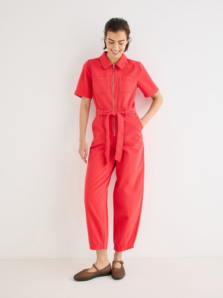 Oliver Bonas Red Denim Collared Short Sleeve Jumpsuit - Image 1 of 8 Oliver Bonas Red Denim Collared Short Sleeve Jumpsuit - Image 1 of 8
